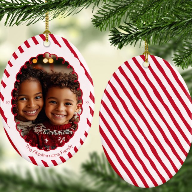Décoration En Céramique Modern Candy Cane Stripe Christmas Photo  (Retro Candy Cane Whimsical Striped Christmas 1 photo ornament)