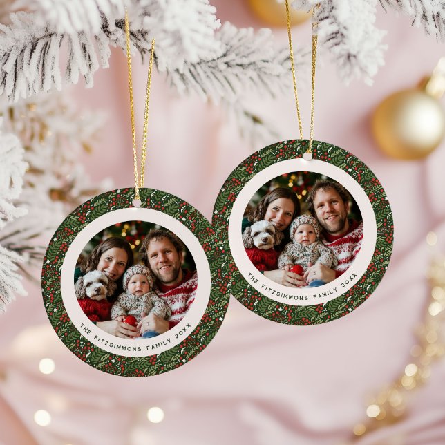 Décoration En Céramique Modern Christmas Holly Foliage 2 Sided Photo (Holly Leaf Christmas doubled sided photo ornament)