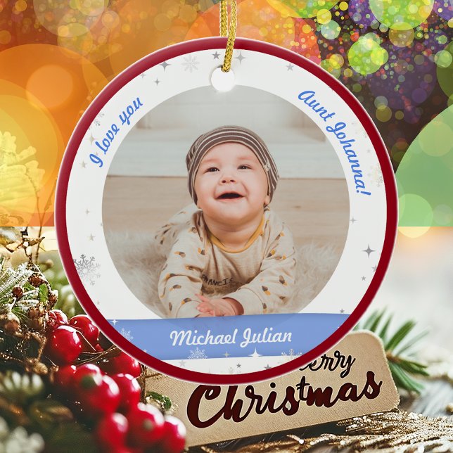 Décoration En Céramique Modern Cute 2 Photos Baby Boy First Christmas Tant (Modern Elegant Cute First Christmas Baby I love you Auntie Name 2 Photos Snowflakes Stars Red Frame)