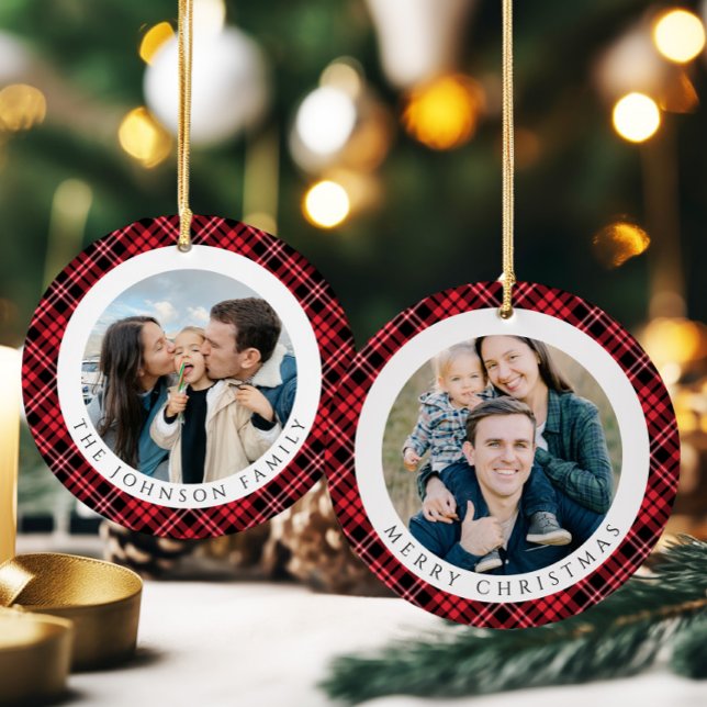 Décoration En Céramique Modern Red Plaid Photo Christmas (Modern Red Plaid Photo Christmas Ceramic Ornament)