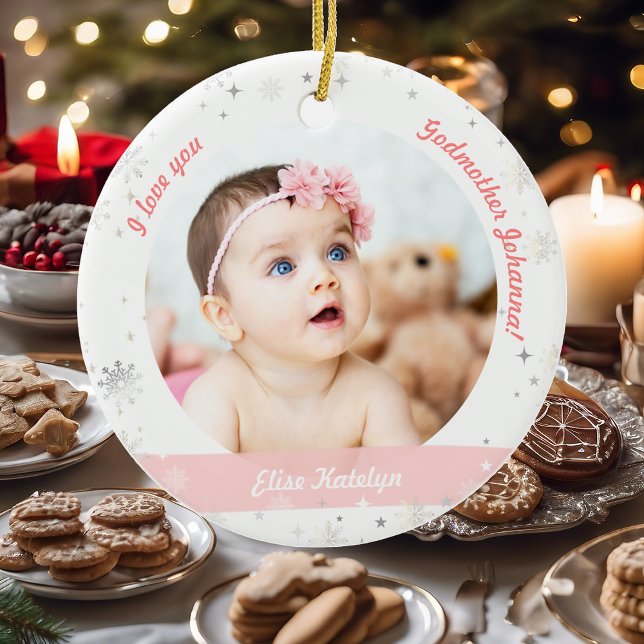 Décoration En Céramique Moderne 2 Photos Bébé Fille 1er Noël Godmère (Modern Elegant Cute My First Christmas Baby Girl I love you Godmother Name 2 Photos Snowflakes Stars)