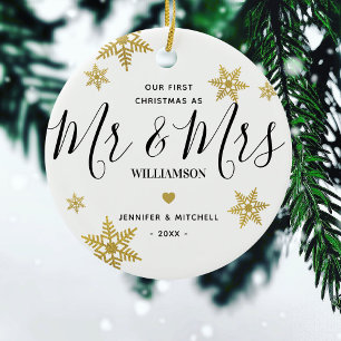 Décoration En Céramique Moderne M & Mme Gold Snowflake Notre 1er Noël