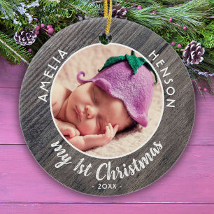 Décoration En Céramique Mon 1er bébé de Noël`s première photo en bois rust