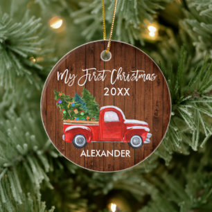 Décoration En Céramique Mon premier Noël Bois Vintage Camion Rouge bébé