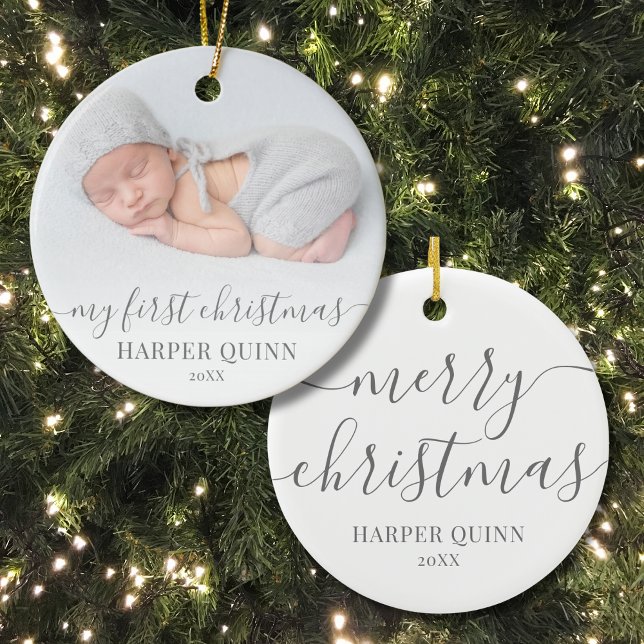 Décoration En Céramique Mon premier Noël personnalisé photo bébé (Photo Simple Baby's First Christmas Ceramic Ornament )