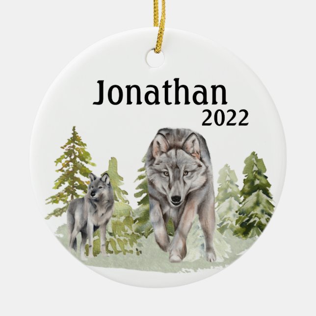 Décoration En Céramique Monogramme d'aquarelle de loup de Noël (Devant)