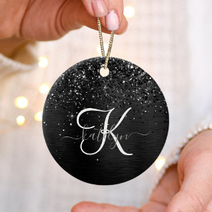 Décoration En Céramique Monogramme d'étincelle à Parties scintillant noire