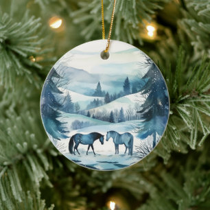 Décoration En Céramique Monogramme équestre des chevaux de forêt d'hiver