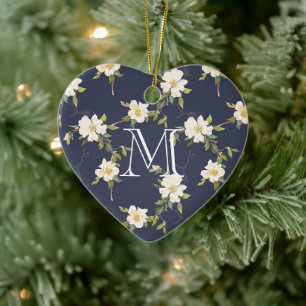 Décoration En Céramique Monogramme floral blanc bleu marine