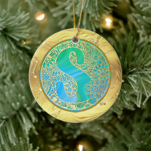 Décoration En Céramique Monogramme Initial S Noël - Or, Turquoise & Bleu