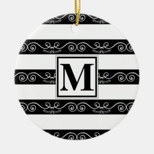 Décoration En Céramique Monogramme moderne noir blanc rayé