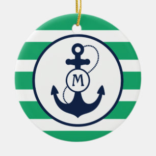 Décoration En Céramique Monogramme nautique vert d'Ancre