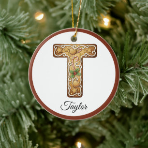 Décoration En Céramique Monogramme T personnalisé en pain d'épices de Noël