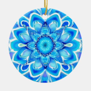 Décoration En Céramique Motif mandala en batik bleu ciel et cobalt