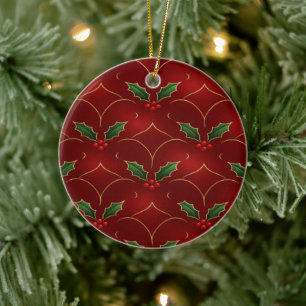 Décoration En Céramique Motif Rouge de Houx – Style de Noël Élégant