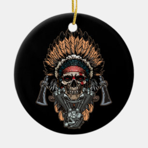 Décoration En Céramique Native American Indian Chief Skull Motorcycle