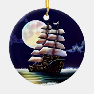 Décoration En Céramique Navire illuminé sur l'océan sous la lune
