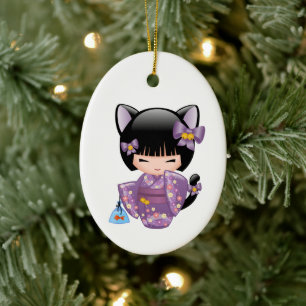 Décoration En Céramique Neko Kokeshi Poupée - Cat Ears Geisha Girl sur bla
