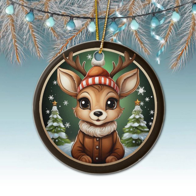 Décoration En Céramique Nez, Cerf, Antlers, Doe, Vêtements De Noël (Cute Rustic Reindeer hanging Christmas Decor, Deer, Antlers, Doe, Fawn Xmas Snow Ceramic Ornament)