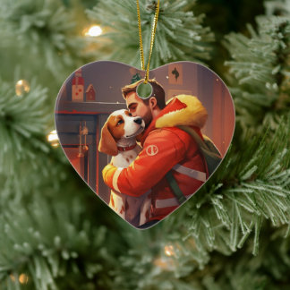 Décoration En Céramique Noël Beagle, Cadeau pour amateur de chien pompier