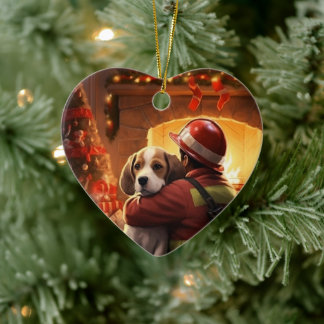 Décoration En Céramique Noël Beagle, Cadeau pour amateur de chiens pompier