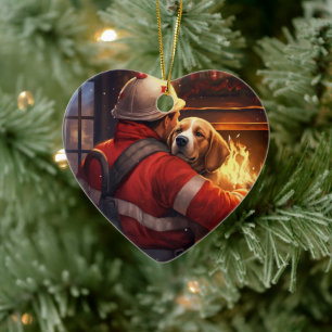 Décoration En Céramique Noël Beagle, Cadeau pour amateur de chiens pompier
