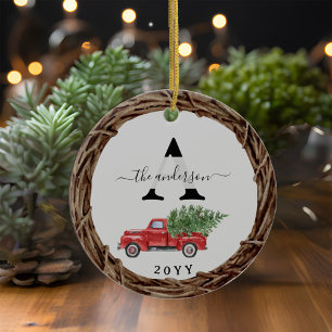 Décoration En Céramique Noël Camion Rouge Famille Monogramme avec photo