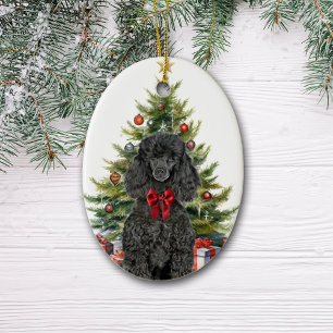 Décoration En Céramique Noël Chien Caniche Standard Noir Ruban Rouge