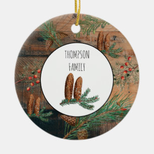 Décoration En Céramique Noël Conifères rustiques Pine Wood Nom de famille