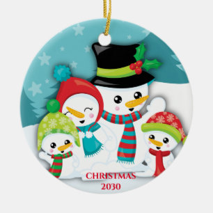 Décoration En Céramique Noël de famille de bonhomme de neige bleu personna
