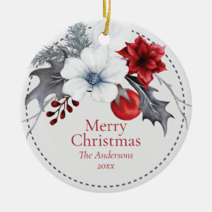 Décoration En Céramique Noël de feuillage blanc cassé rouge