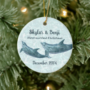 Décoration En Céramique Noël de mariage pour un couple de dauphins