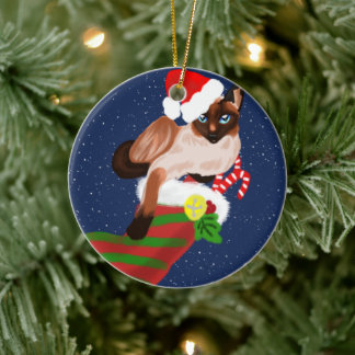 Décoration En Céramique Noël du chat siamois avec bas et chapeau de Père N