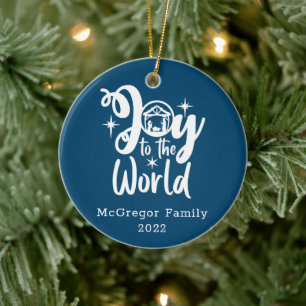 Décoration En Céramique Noël Nativité Joie au monde Bleu & Blanc