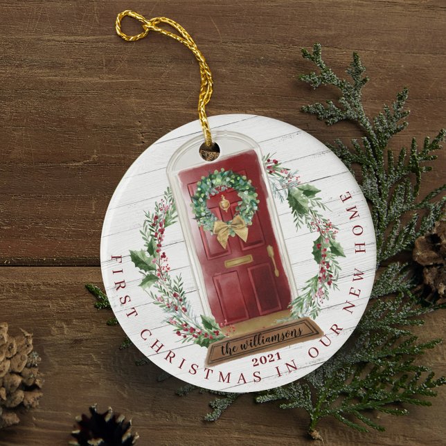 Décoration En Céramique Noël Nouveau Accueil Aquarelle Rouge Photo (Christmas New Home Red Watercolor Door Photo Ceramic Ornament)