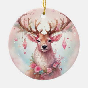 Décoration En Céramique Noël rose : Renne avec une fleur rose