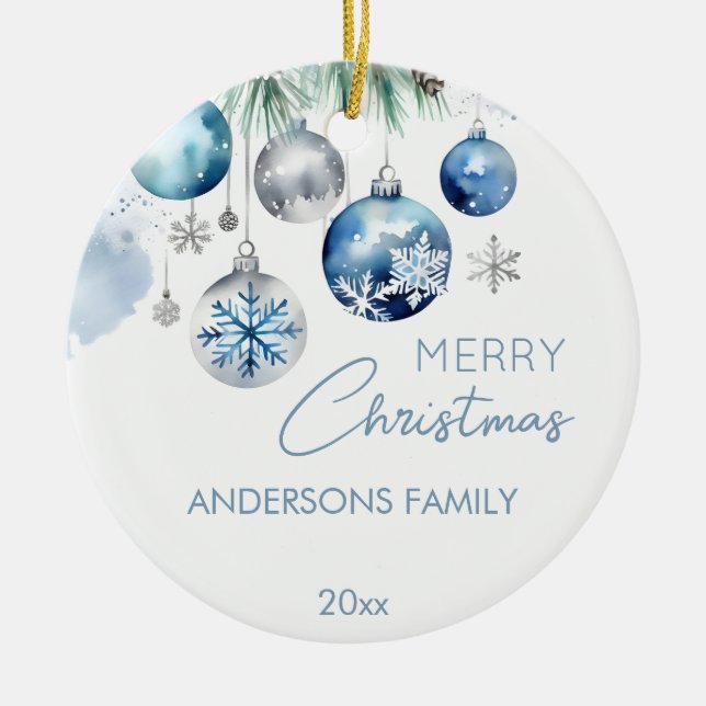 Décoration En Céramique Noël salutations argent bleu baubles photo (Devant)