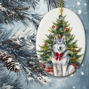 Décoration En Céramique Noël Sibérien Husky Bow Rouge