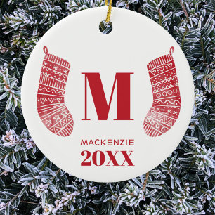 Décoration En Céramique Noël Stocker Monogramme Nom Année Rouge Blanc