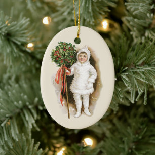 Décoration En Céramique Noël vintage, fille victorienne avec houx