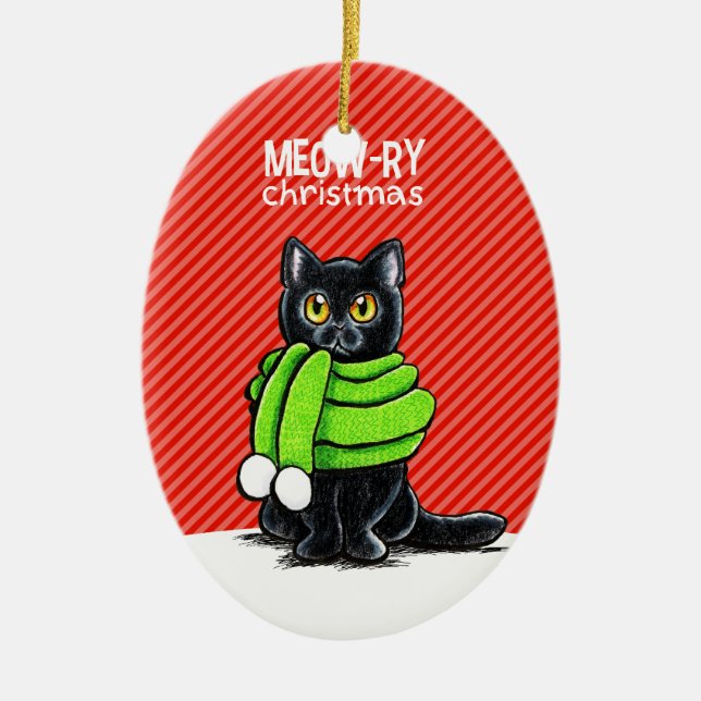 Décoration En Céramique Noir Chat Écarf Meow-ry Noël (Devant)