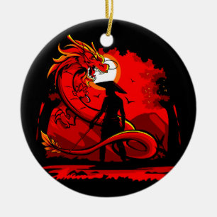 Décoration En Céramique Noir Samurai Dragon Rouge Style japonais  