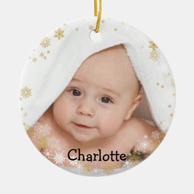 Décoration En Céramique Nom customisé et photo Snowflake rond (Devant)