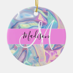 Décoration En Céramique Nom de monogramme holographique iridescent rose fé