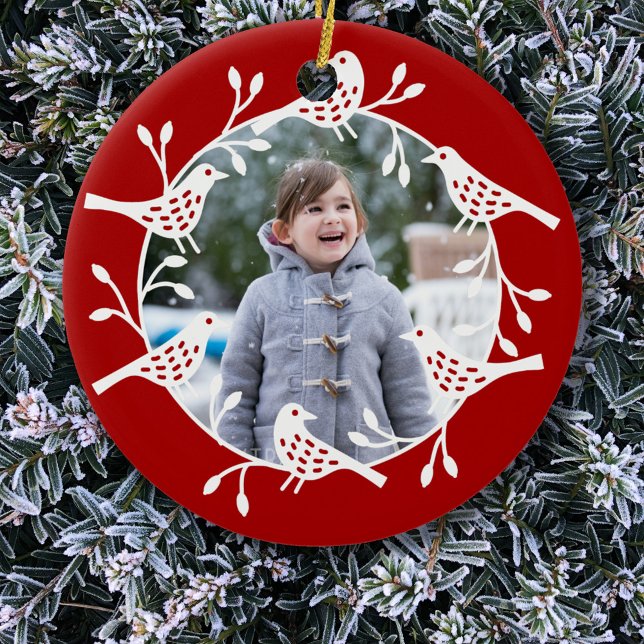 Décoration En Céramique Nordique Bird Photo (Scandinavian bird wreath red and white photo Christmas ornament)