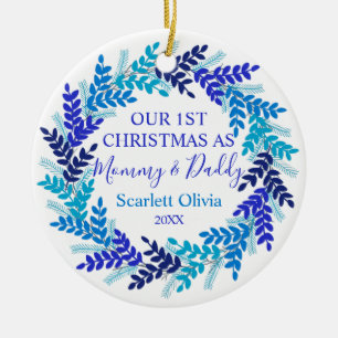Décoration En Céramique Notre Premier Noël Comme Maman Papa Blue Wreath