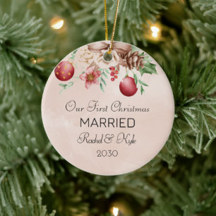 Décoration En Céramique Notre premier Noël Marié Engagé Floral