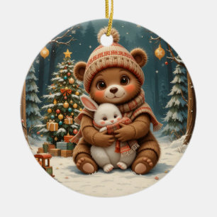 Décoration En Céramique Nounours mignon tenant un lapin près d'un arbre de