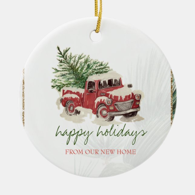 Décoration En Céramique Nous Avons Déménagé, Camion Rouge, Pine Tree Snow  (Devant)