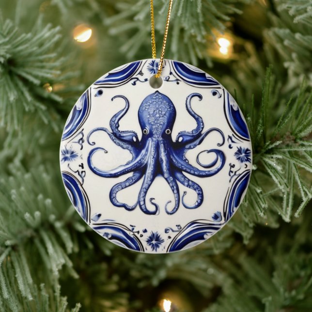 Décoration En Céramique Octopus Blue and White Sea thème Beach House (Arbre)